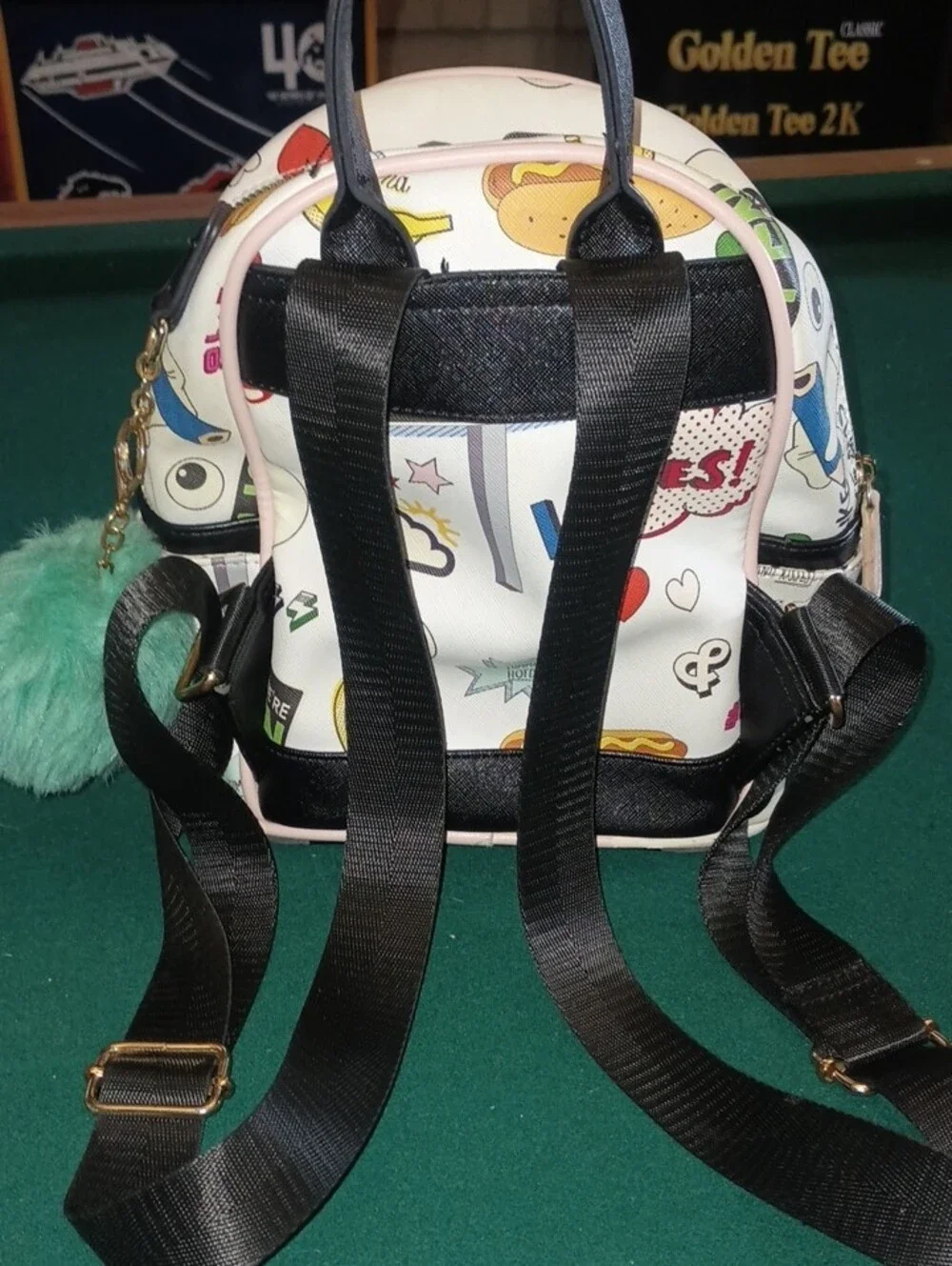 Like Dreams White Emoji Print Mini Backpack with Teal Pom